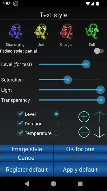 BatterySnap Xtra text-only widget showing charge level and remaining time