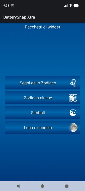 Hub dei pacchetti di widget BatterySnap Xtra: Zodiaco, zodiaco cinese, Simboli, Luna e candela