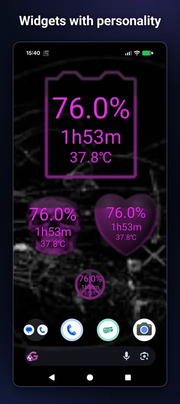 Skull, heart and peace widgets showing charge level, time left and temperature