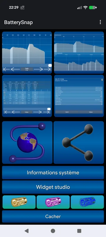 Hub BatterySnap : vignettes de graphiques, données globales, partage, informations système et studio de widgets