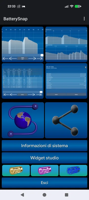 Hub BatterySnap con anteprime dei grafici, dati globali, condivisione, informazioni di sistema e studio widget