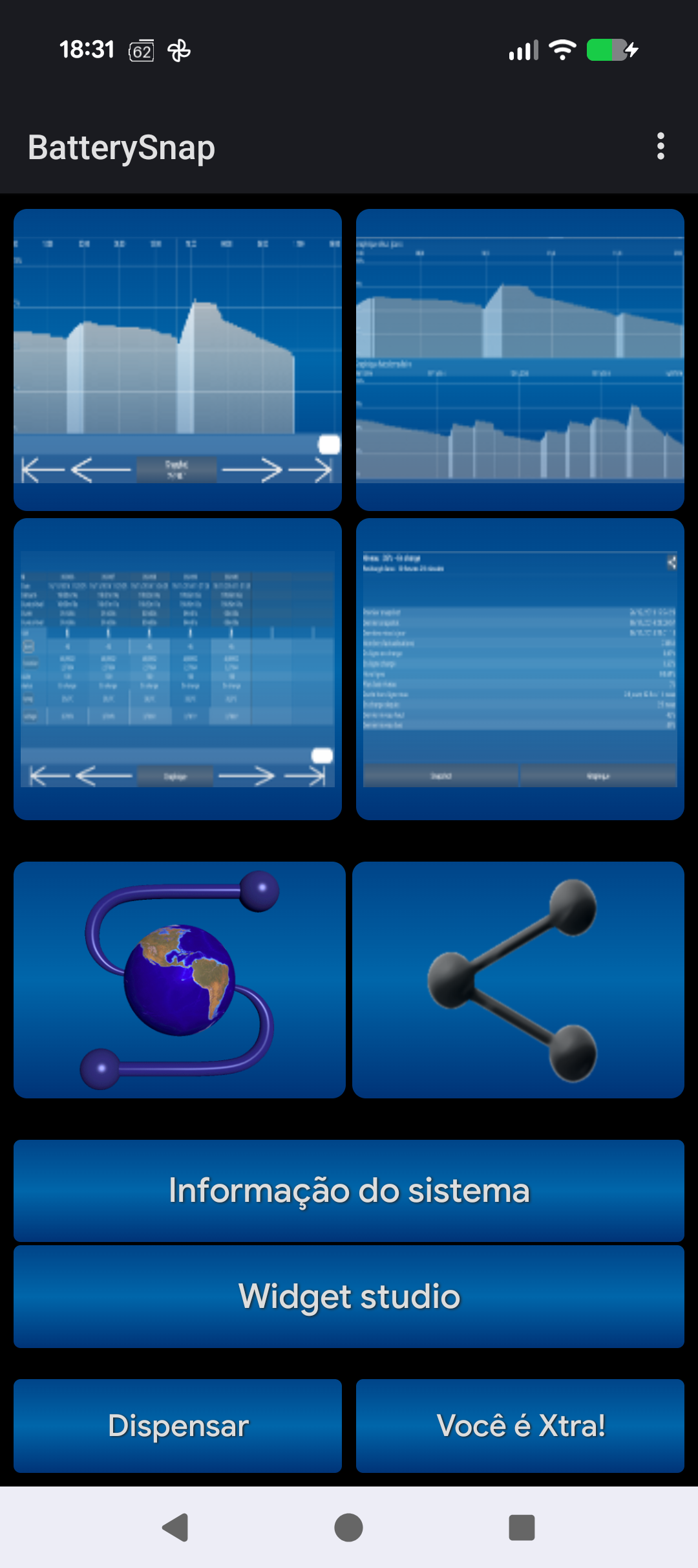 Visualização detalhada do BatterySnap no Android: nível, tempo restante, saúde da bateria